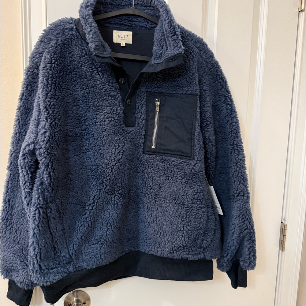 NWT AE77 Blue Sherpa Fleece Pullover